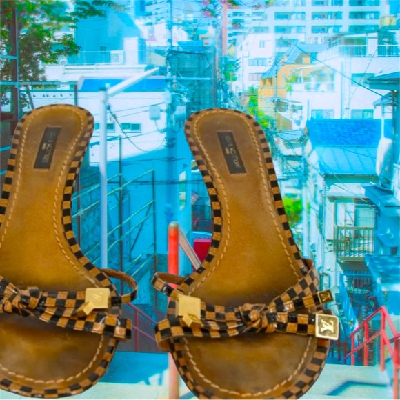 Authentic Louis Vuitton Sz37.5 Checkered Sandal Slide Heels - Picture 2 of 11